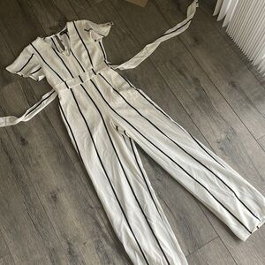 NWT crystal doll pantsuit ivory and black pinstripe jumpsuit size 0